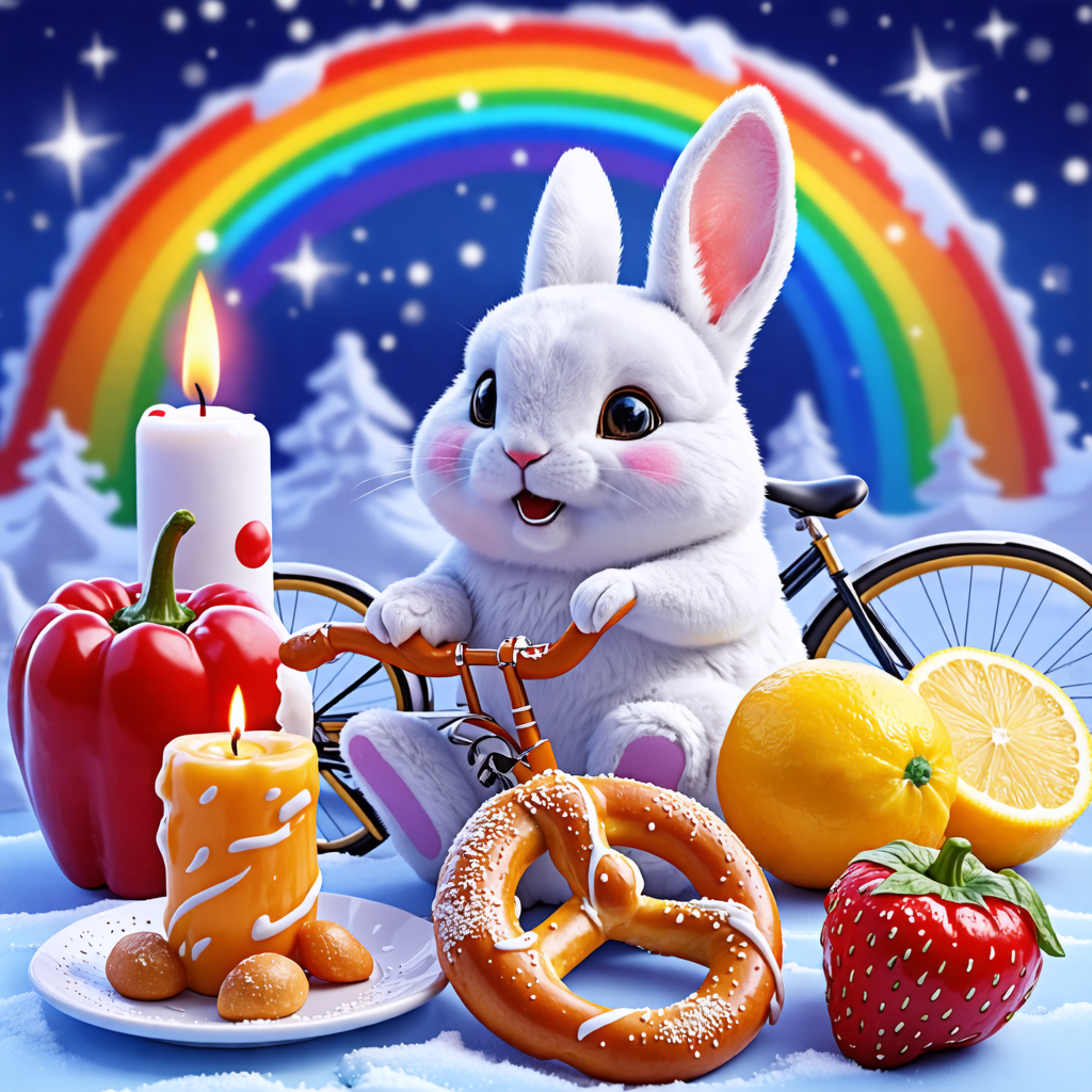 bunny, pretzel, igloo, bicycle, candle, rainbow, clown, lemon, bell pepper, chocolate